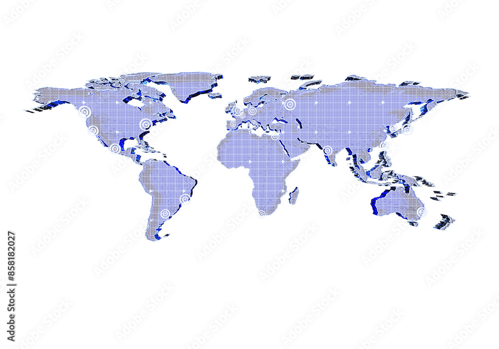 Aufkleber a digitized world map with grid lines and icons, graphic style, on a white background, concept of gl