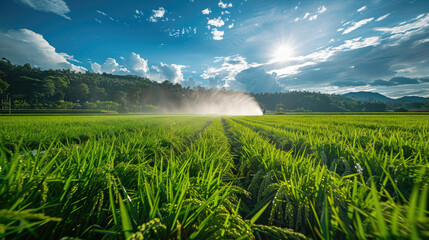 Spraying fertilizer on a rice field for healthy crop growth