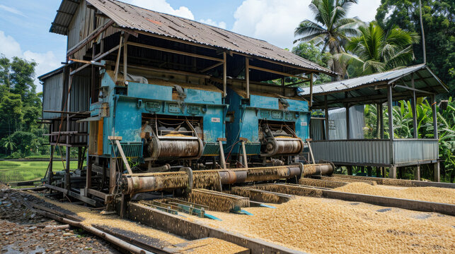 Modern rice milling machinery in operation
