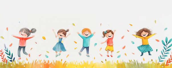 Colorful illustration of dancing happy children and notes flying around them.