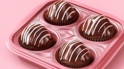 Muffins chocolate dessert on plastic tray in a pink background very detailed and realistic shape