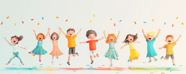 Fototapeta premium Colorful illustration of dancing happy children. Banner and background concept.