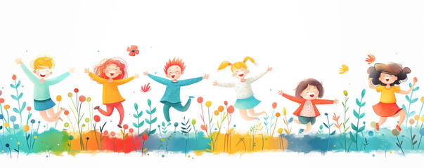 Obraz premium Colorful illustration of dancing happy children. Banner and background concept.