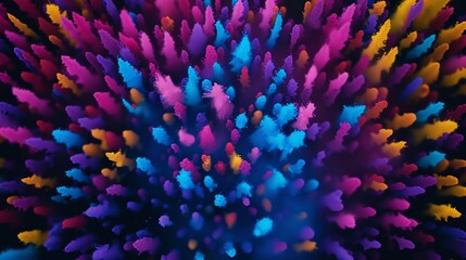 Aerial view of a crowded festival ground with people covered in colored powders, dancing and celebrating, a sea of vibrant colors and joyous energy