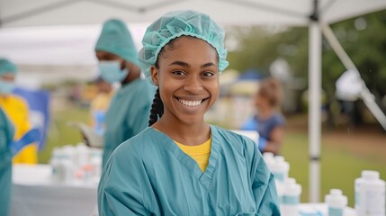 Healthcare workers providing family planning services and reproductive health education at a community health fair, promoting access and equity