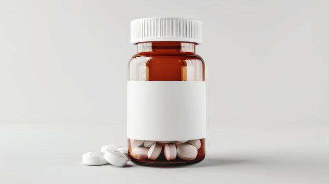 Pill bottle with white pills, white blank, mockup