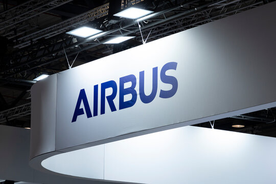 Airbus company logo banner on exhibition at ILA Berlin aviation fair