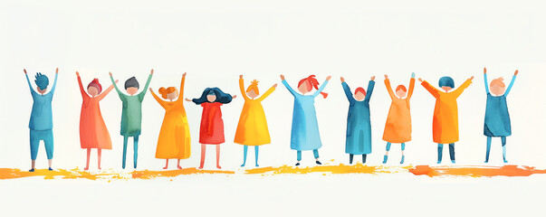 Happy children standing with raising hands in the air. Concept of happy and friendship.