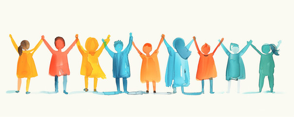 Group of children standing with rising hands. Childish drawing. Background and banner concept.