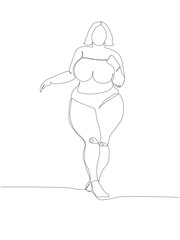 fat girl in swimsuit one line art. Continuous line drawing of body positive, overweight, plus size model, XL, health, fashion, self acceptance.