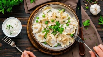 A white bowl of cooked farfalle pasta with parsley garnishment on a rustic wooden table