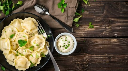 A white bowl of cooked farfalle pasta with parsley garnishment on a rustic wooden table