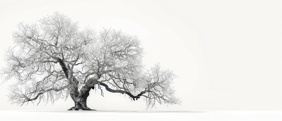 A black and white line art of a tree, featuring intricate branches and leaves, isolated on a clean white background.