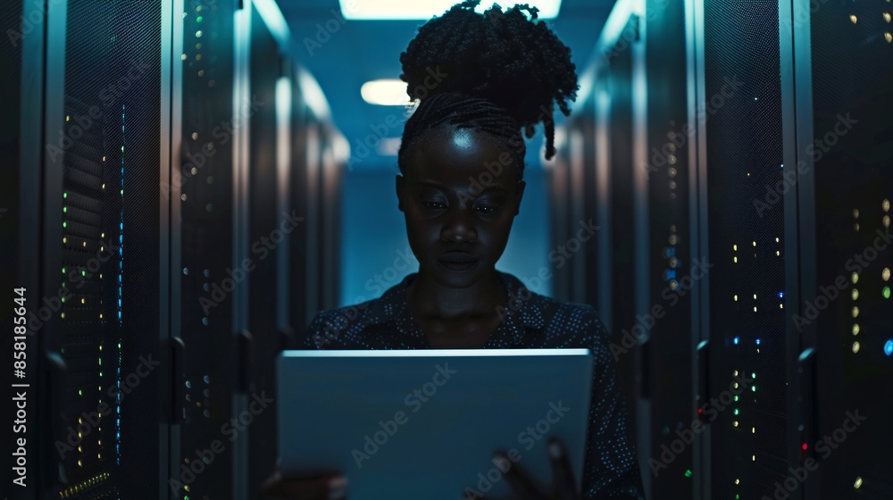 Poster shows a setup with a laptop, network, and data center, where a black woman it support engineer is wo