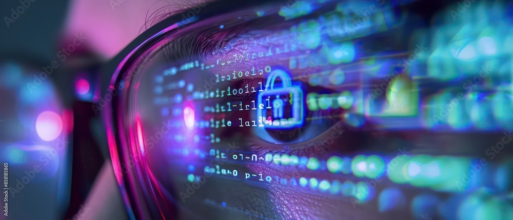 Poster glasses reflect a computer screen, highlighting the integration of technology and digital data in mo