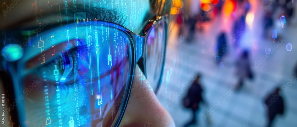 Poster glasses reflect a computer screen, highlighting the integration of technology and digital data in mo