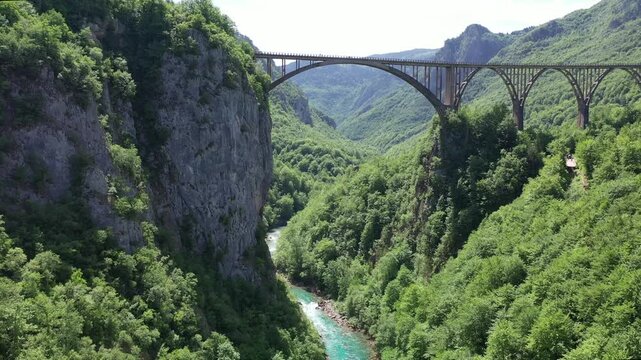 Aerial view on Djurdjevica arch bridge over the Tara River in northern Montenegro,