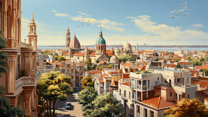 Obraz premium Seville - Spain, Europe, City, Cartoon, Poster Style