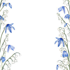 Frame watercolor spring flowers. Coppice and lily of the valley - first spring flowers. Hand drawn Illustration of delicate white and light blue flowers on isolated background.