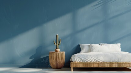 A modern bedroom with a blue wall and a wicker headboard, bathed in warm sunlight