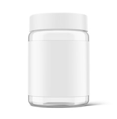 Clear wide mouth glass jar with label mockup for food. High realistic. Vector illustration isolated on white background. Ready for use in presentation, promo, advertising and more. EPS10.