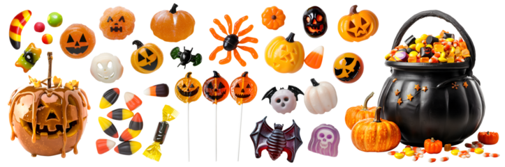 Set of witch black cauldron and individual Halloween sweet candy chocolate gummy lollipop toffee apple on transparent cutout. PNG file. Many different design. Mockup template for artwork design