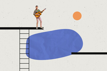Composite photo collage of happy guy performer hold guitar concert melody song play ladder stage...