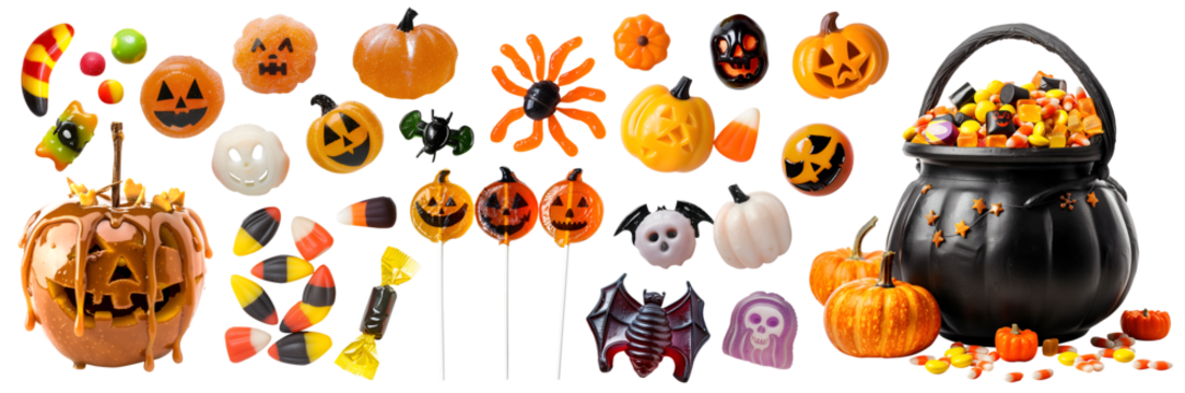 Set of witch black cauldron and individual Halloween sweet candy chocolate gummy lollipop toffee apple on transparent cutout. PNG file. Many different design. Mockup template for artwork design