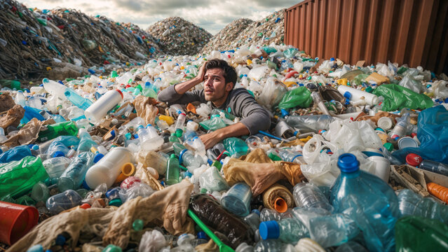 Man buried in sea of plastic waste, looking concerned. Represents overwhelming plastic pollution crisis and its impact on environment and humanity.