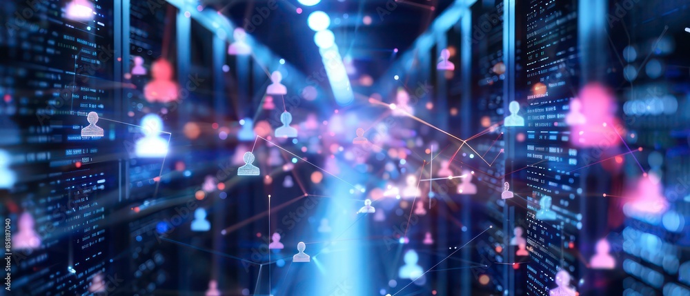 Poster digital age, databases manage personal information. ensuring secure handling of data amidst business