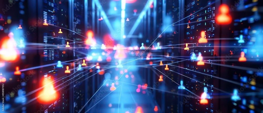 Poster digital age, databases manage personal information. ensuring secure handling of data amidst business