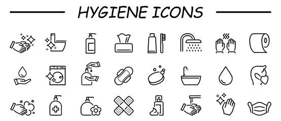 Set of icons related to hygiene. Linear icon collection. Vector illustration. Containing cleaning, disinfection, soap, bathing, sweep, shower, washing hands, clean and sanitation. Cleanliness concept