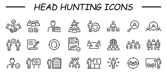 Simple set of head hunting and recruitment related vector icons. Contains such icons as job interview, career path, resume and more.