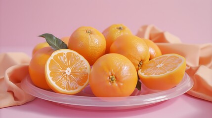 Oranges on plastic tray in a pink background very detailed and realistic shape
