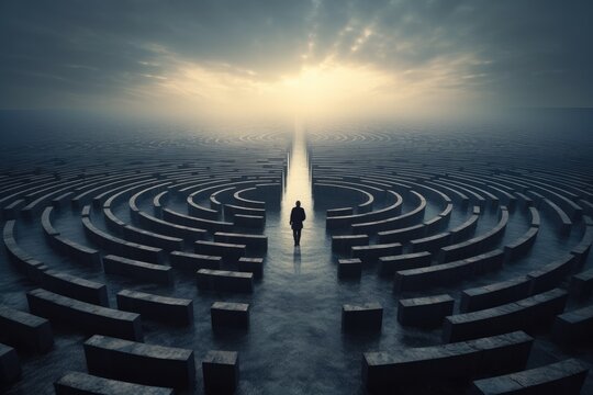The picture of intelligent human in thinking play futuristic complicated puzzle game of labyrinth with blue, orange light. Smart person choose way to solve complex maze problem with strategy. AIG35.