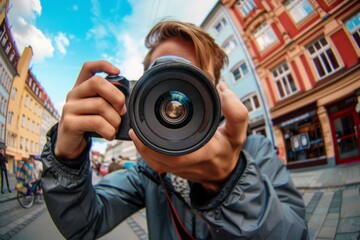 Fototapeta premium The close-up of the enthusiastic photographer, captured through the fish eye lens, reveals his fervor for photography, his camera becoming an extension of his artistic vision