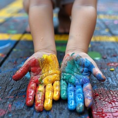 Child's Colorful Painted Hands with Playground Background