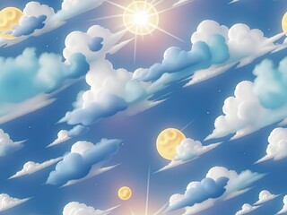 Anime style background. Blue sky, clouds and planets. Generative AI