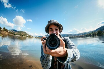 The enthusiastic photographer, viewed through the fish eye lens, appears larger than life as he peers through his camera, the close-up emphasizing his dedication to his craft