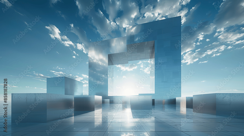 Poster modern geometric architecture with circular open sky, high-detail 3d rendering of wavy facade, futur