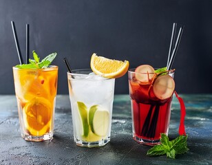 Cocktails assortment served on dark background. Classic drink menu concept. Copy space, panorama