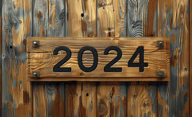 3D Wooden 2024 Sign New Year Greeting Card Poster Design - Wooden Textured Background
