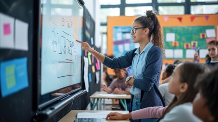 Smart teacher pointing at digital whiteboard while standing at classroom and explaining idea about lesson. Professional instruction looking at board while thinking about lesson. Class activity. AIG42.