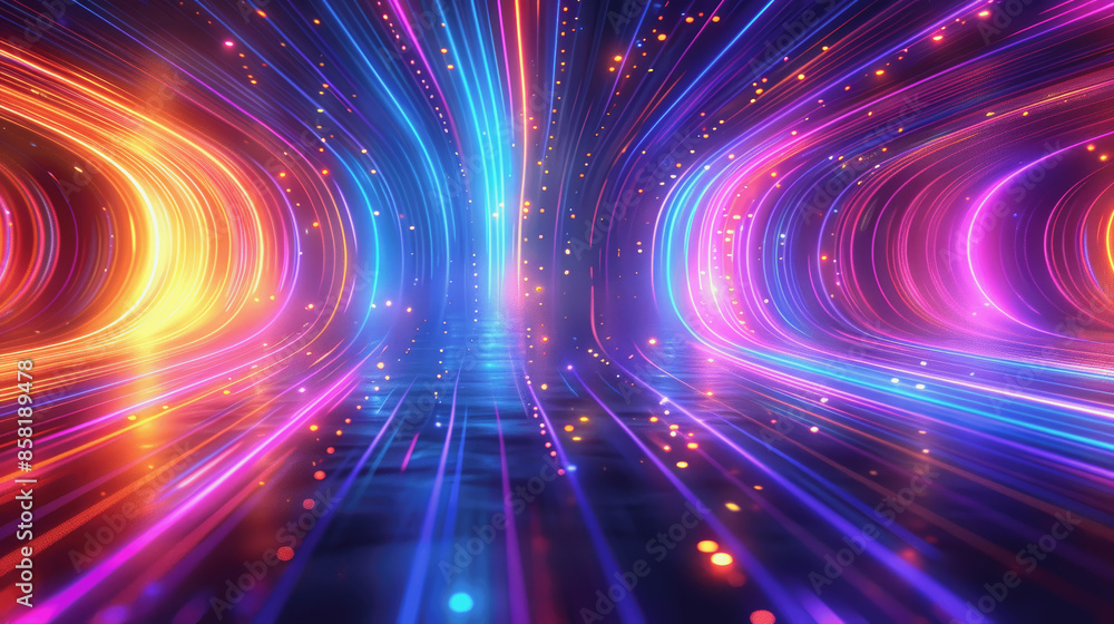 Poster 3d render abstract colorful neon spectrum background with bright orange blue rays and glowing lines