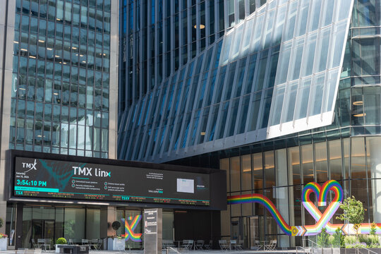 LED sign board at TMX (Exchange Tower, 130 King Street West, Toronto, Canada) shown here entrance on Adelaide Street West (#120) TMX Market Centre