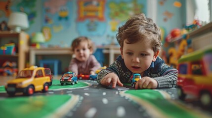 Kindergarteners playing with toy cars and a road mat