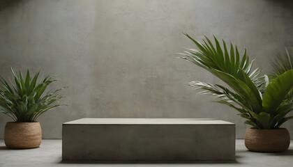 CONCRETE STONE PODIUM WITH TROPICAL FOLIAGE