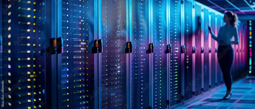 Poster data center, cloud scale resources up or down based on demand, optimizing the workforce with servers