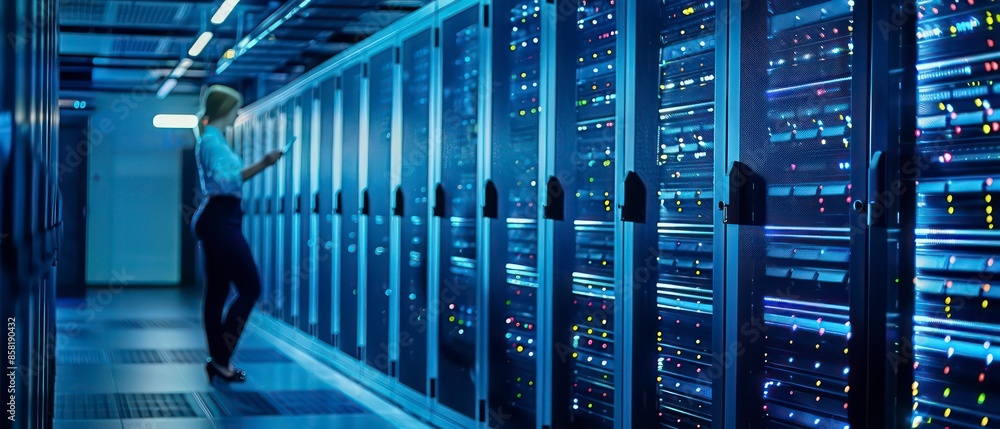Poster data center, cloud scale resources up or down based on demand, optimizing the workforce with servers