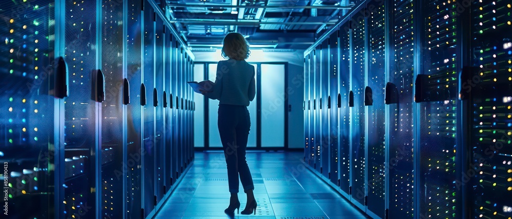 Poster data center, cloud scale resources up or down based on demand, optimizing the workforce with servers